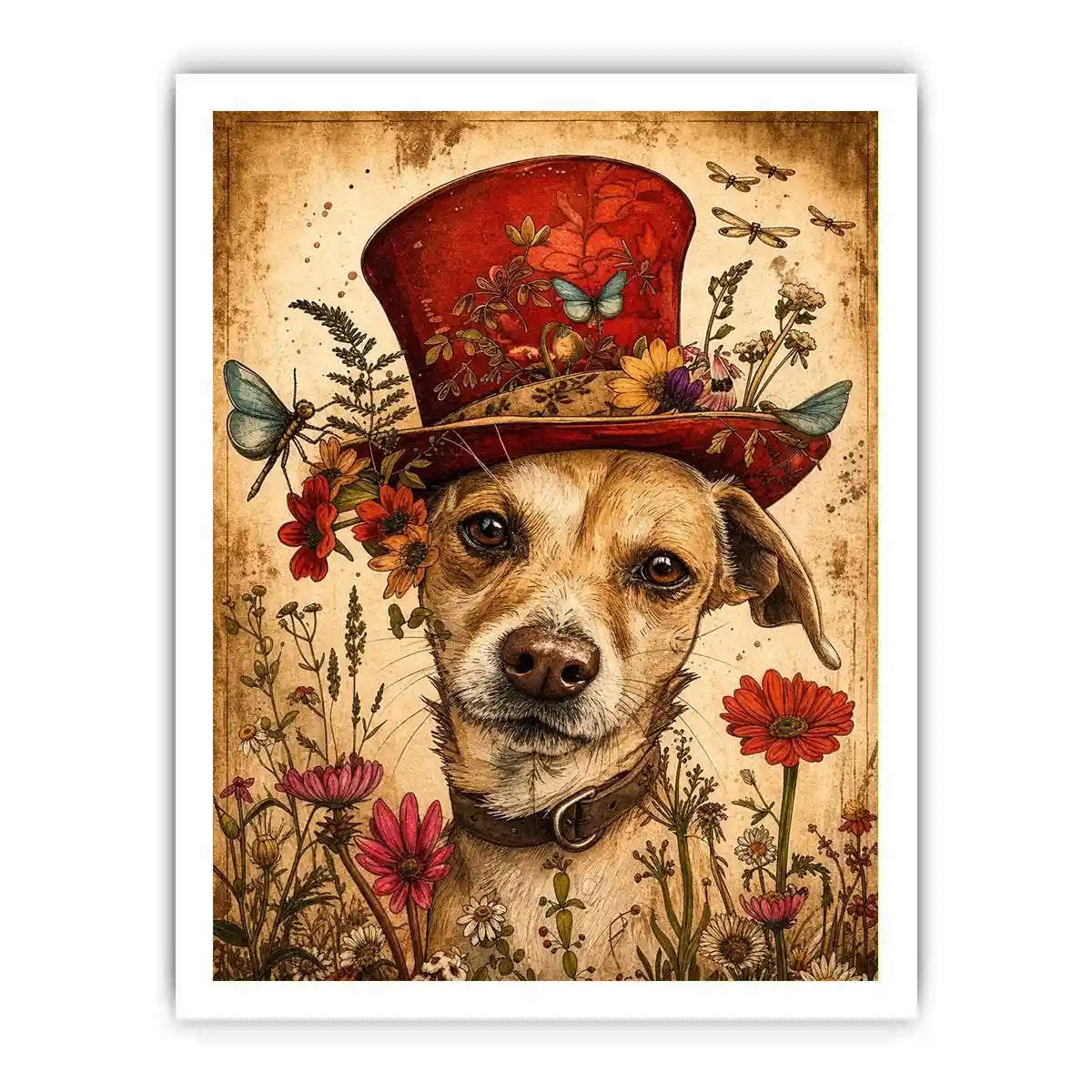 Vintage botanical portrait of a dog