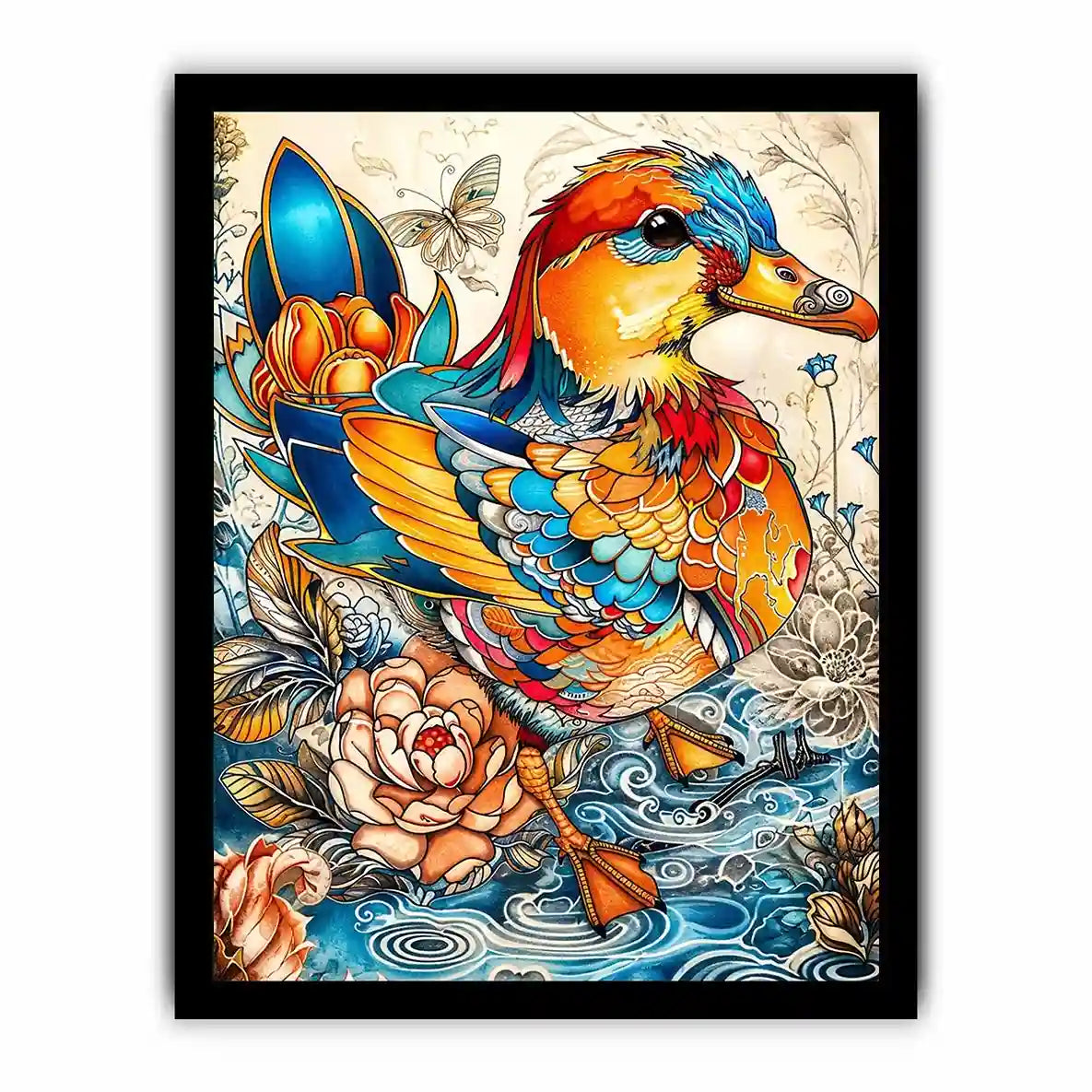 Ornate mandarin duck in vibrant florals