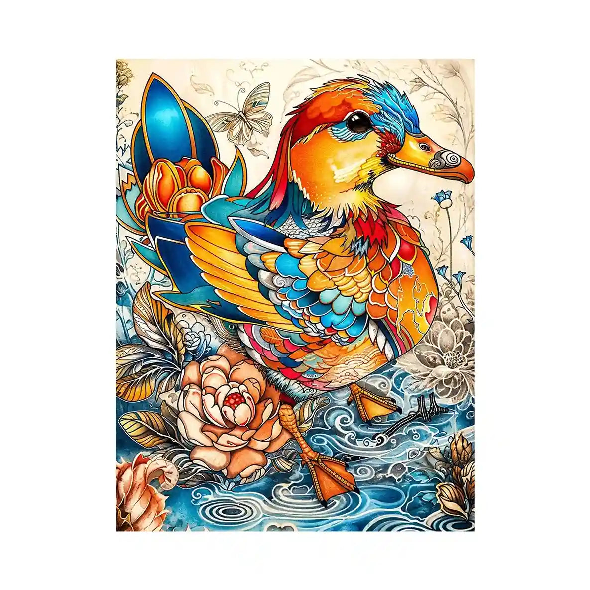 Ornate mandarin duck in vibrant florals