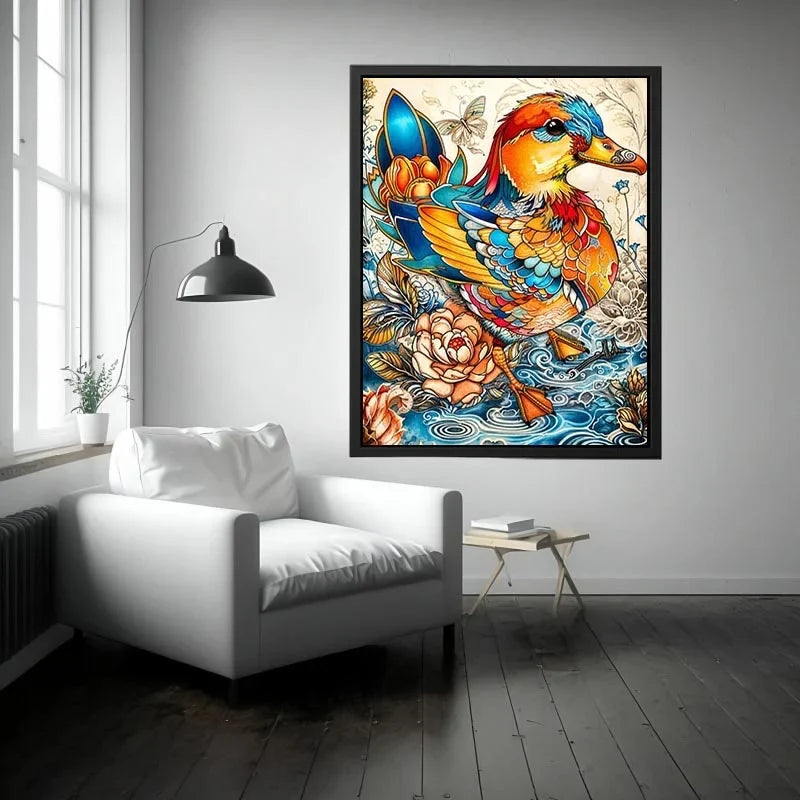 Ornate mandarin duck in vibrant florals