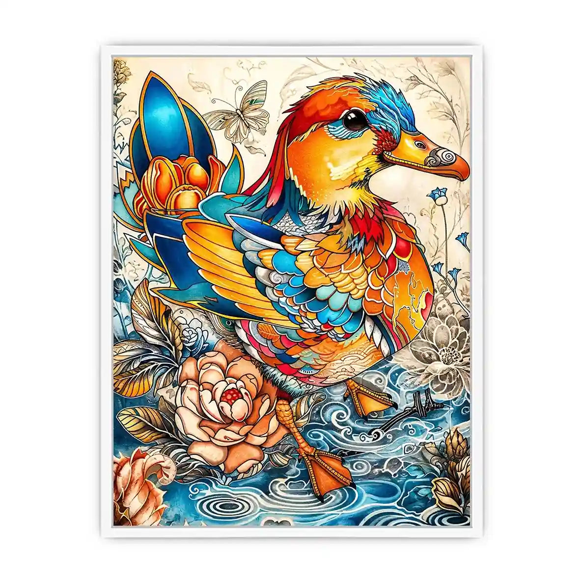 Ornate mandarin duck in vibrant florals