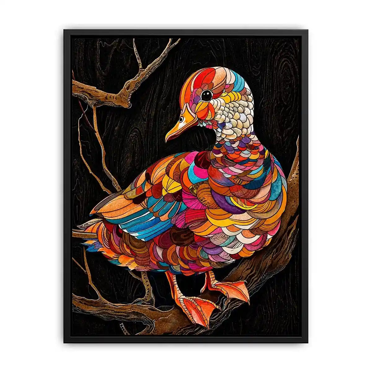 Vibrant mosaic duck perched on branch