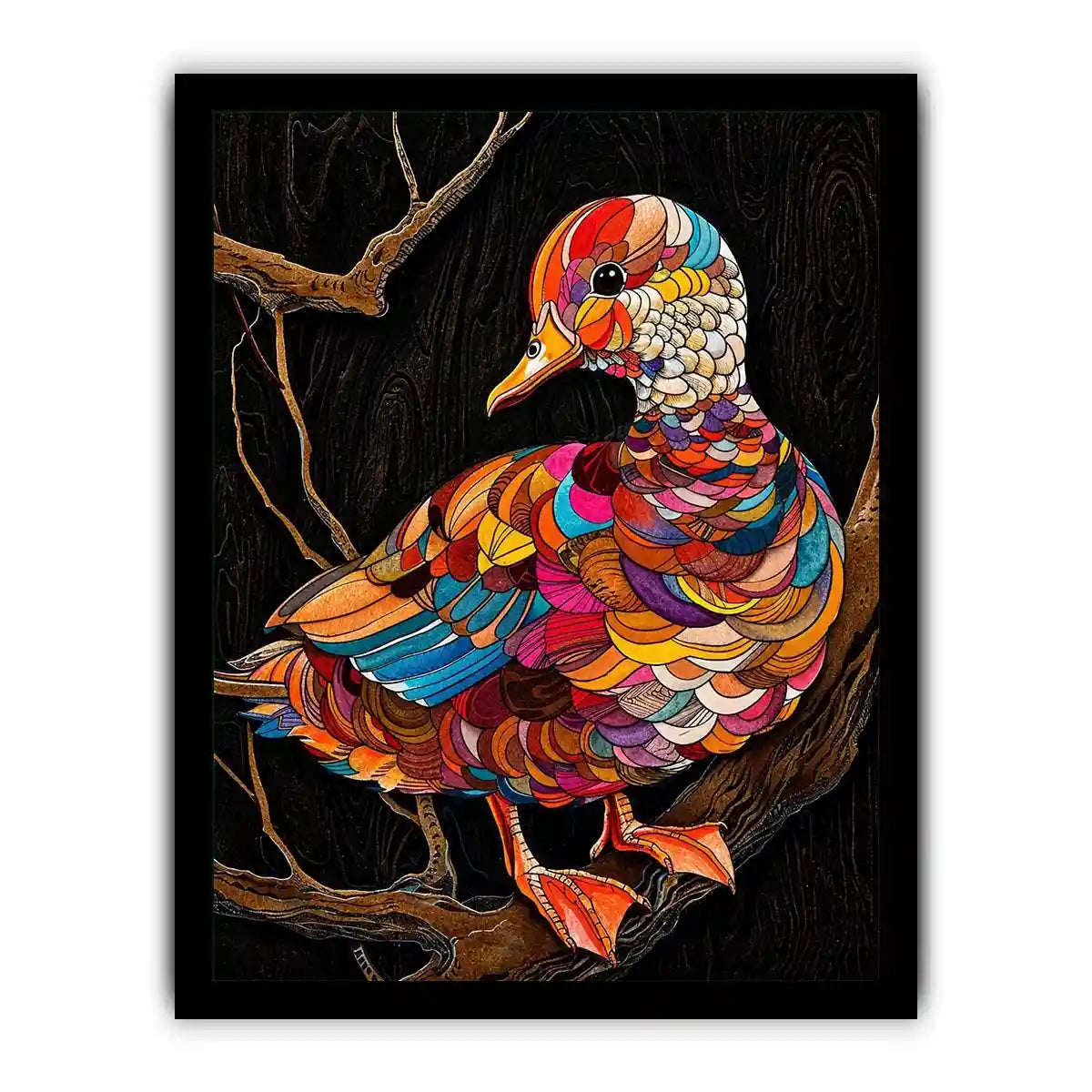 Vibrant mosaic duck perched on branch