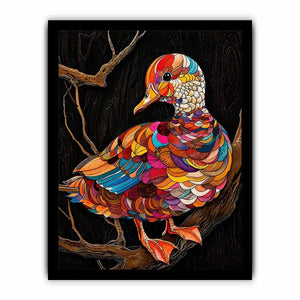 Vibrant mosaic duck perched on branch