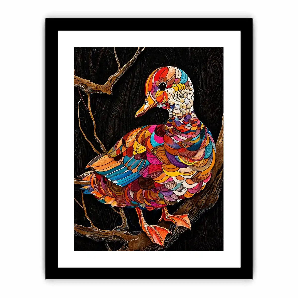 Vibrant mosaic duck perched on branch
