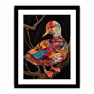 Vibrant mosaic duck perched on branch