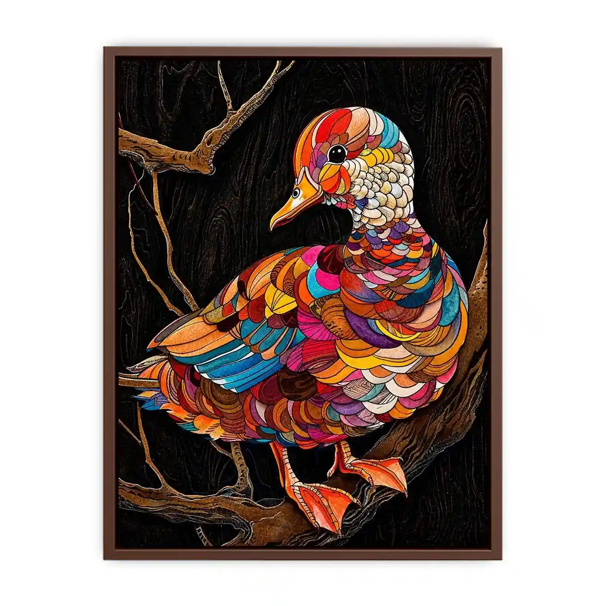Vibrant mosaic duck perched on branch