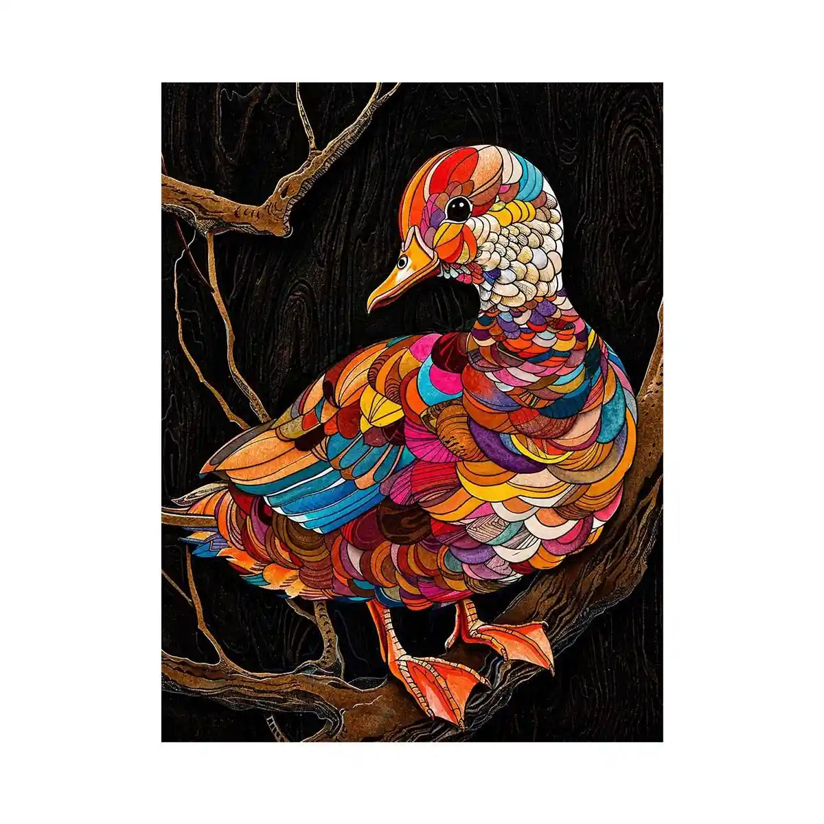 Vibrant mosaic duck perched on branch