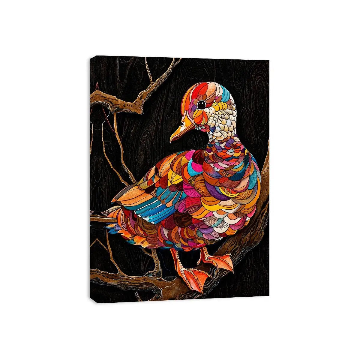 Vibrant mosaic duck perched on branch