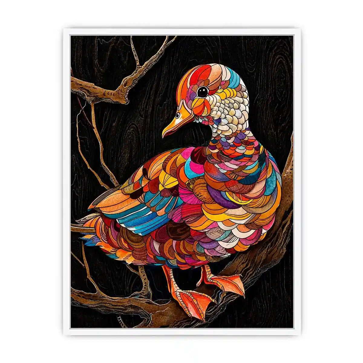 Vibrant mosaic duck perched on branch