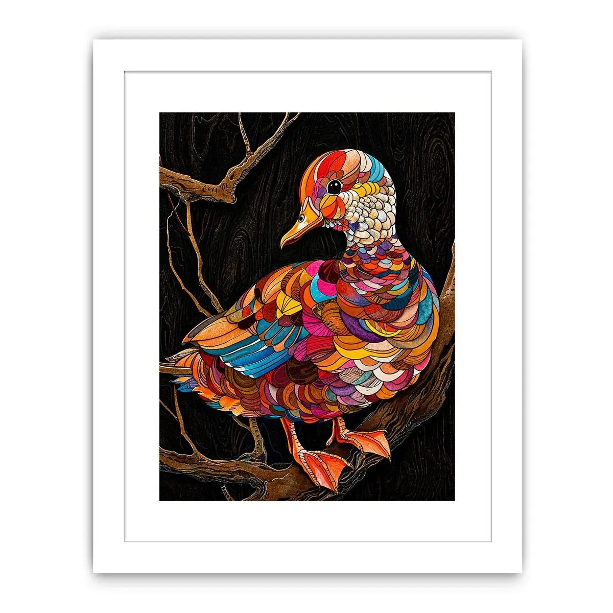 Vibrant mosaic duck perched on branch