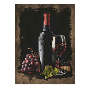 Dark wine bottle with glass, grapes and cork for elegant dining room decor.