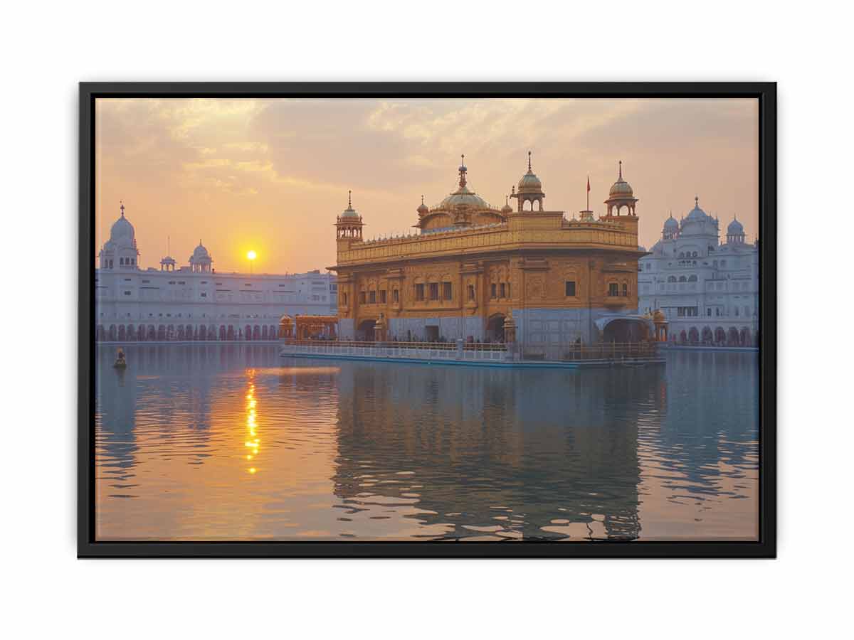 Golden Temple at sunset with water reflections for living room wall decor.