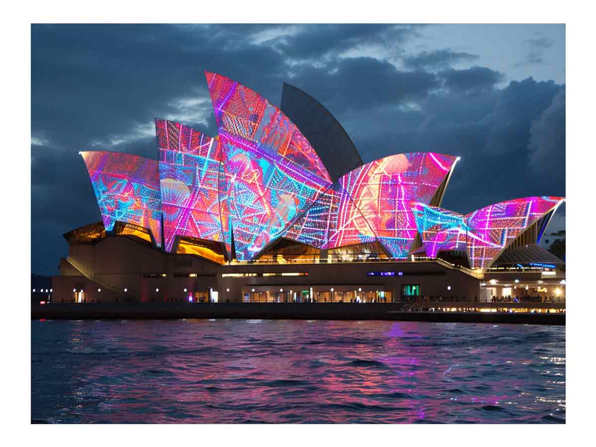 Neon opera house wall art for bold contemporary living room decor.