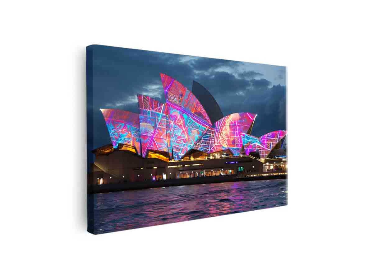 Neon opera house wall art for bold contemporary living room decor.