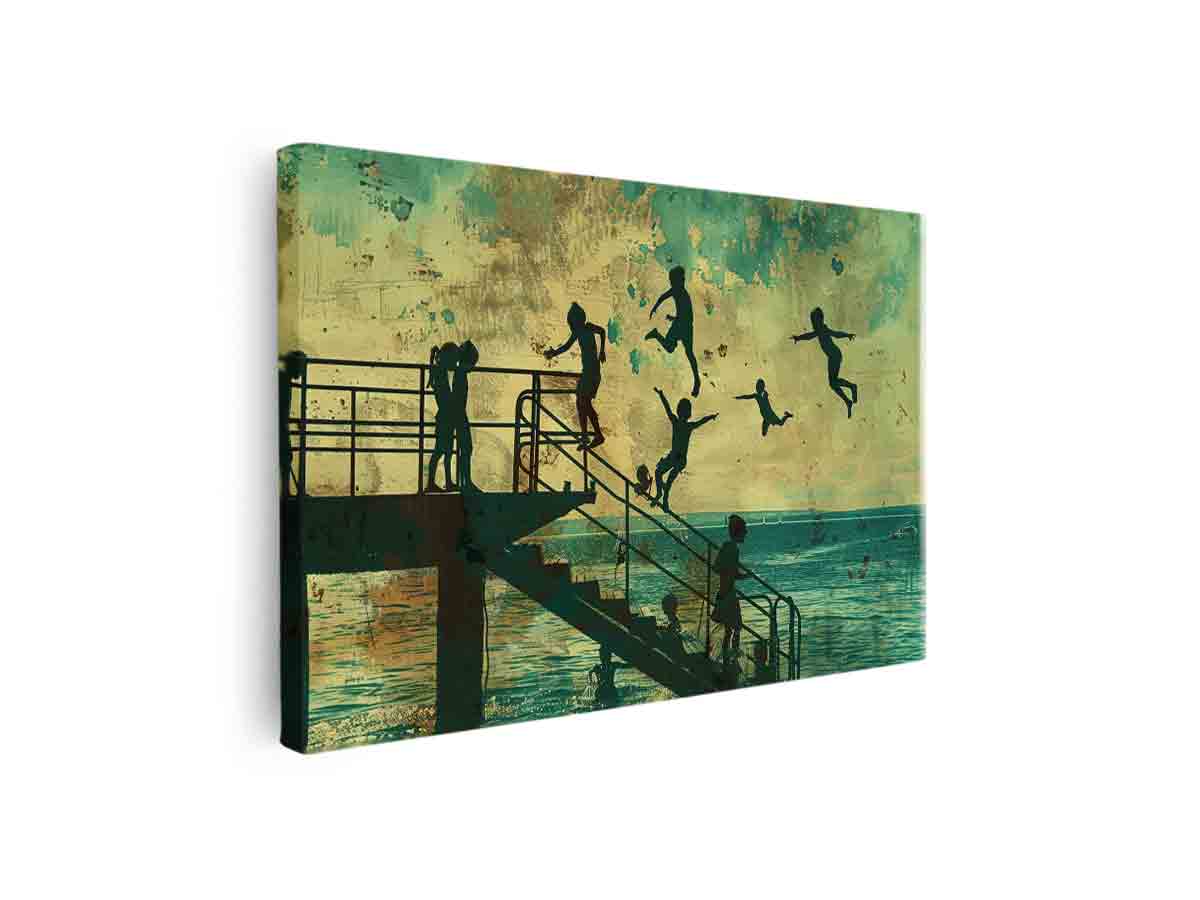 Vintage coastal kids jumping pier artwork for beach house wall decor.