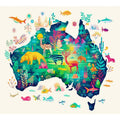 Colourful Australia wildlife map illustration canvas art for kids room or nursery decor.