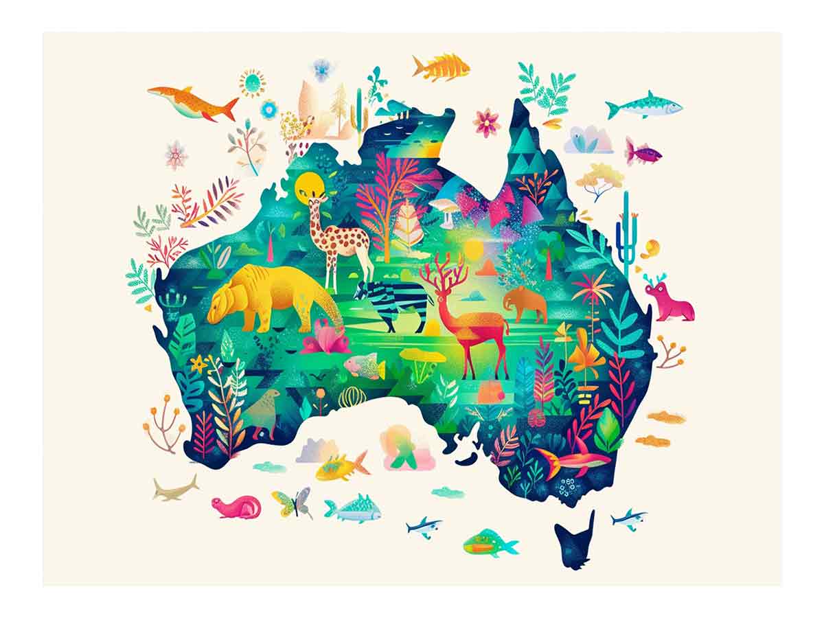 Colourful Australia wildlife map illustration canvas art for kids room or nursery decor.