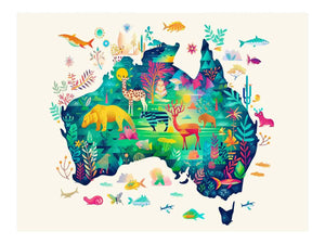 Colourful Australia wildlife map illustration canvas art for kids room or nursery decor.