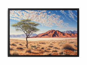 Desert dunes wall art with tree and mountains for earthy living room decor.