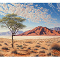 Desert dunes wall art with tree and mountains for earthy living room decor.