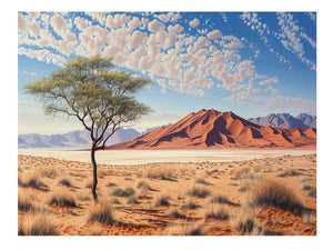 Desert dunes wall art with tree and mountains for earthy living room decor.