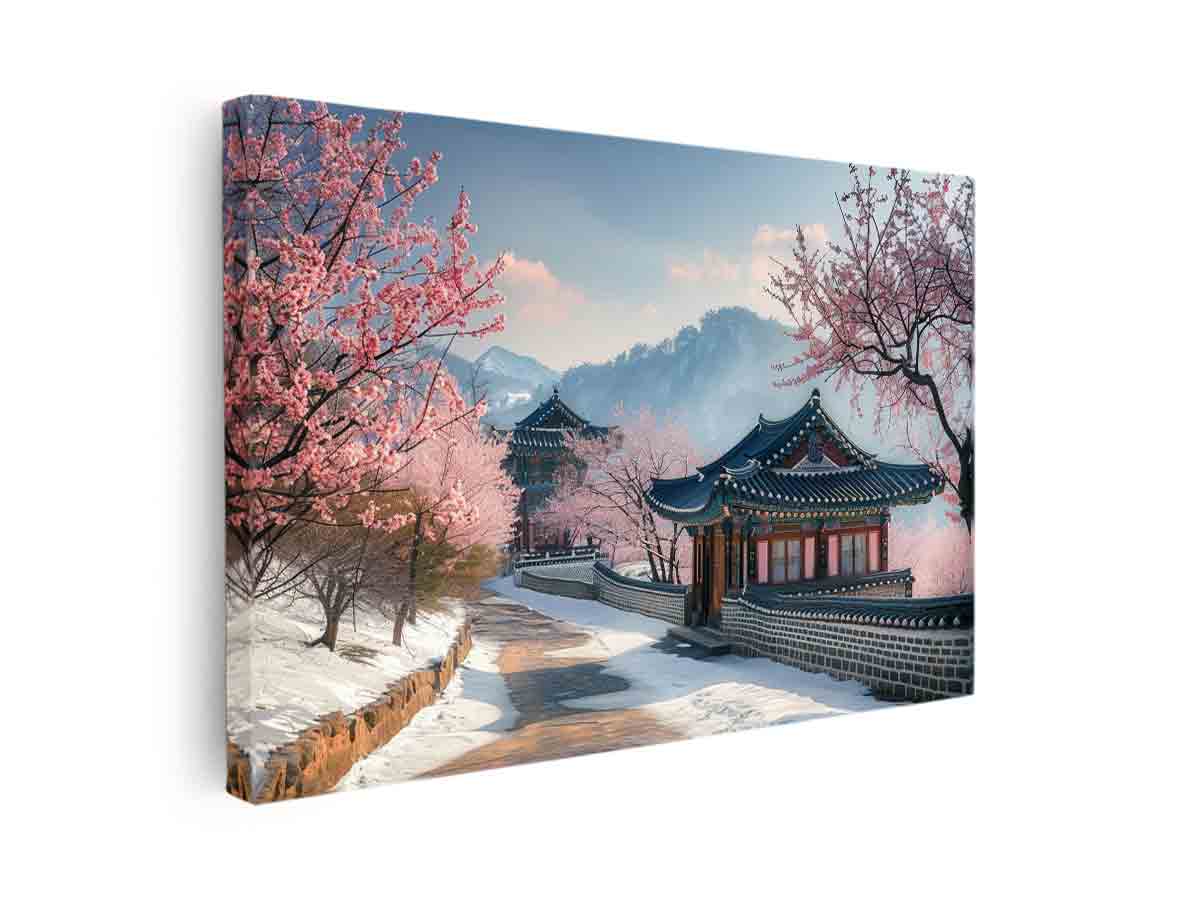 Korean palace cherry blossom landscape canvas art for serene living room decor.