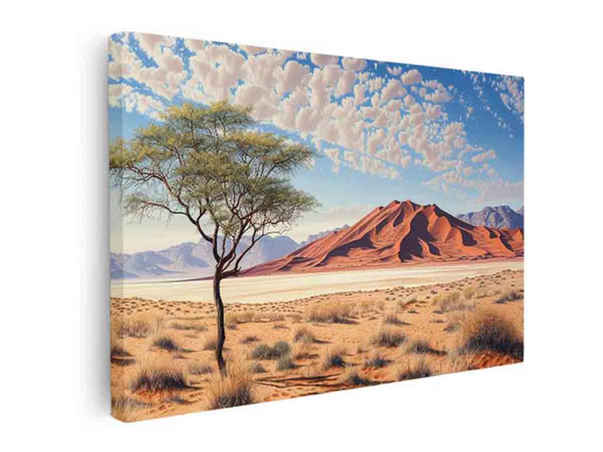 Desert dunes wall art with tree and mountains for earthy living room decor.