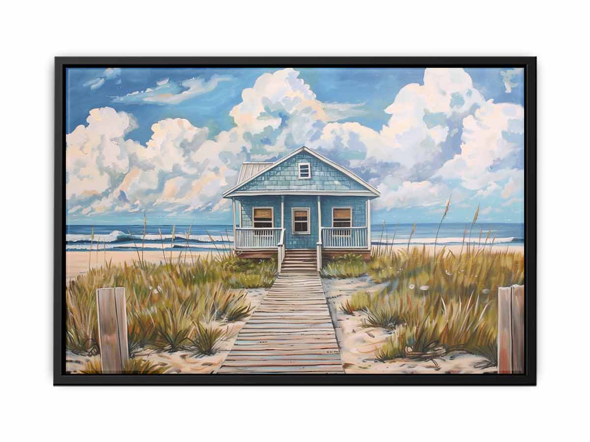 Blue coastal beach cottage canvas art with boardwalk for relaxed living room decor.