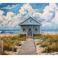 Blue coastal beach cottage canvas art with boardwalk for relaxed living room decor.