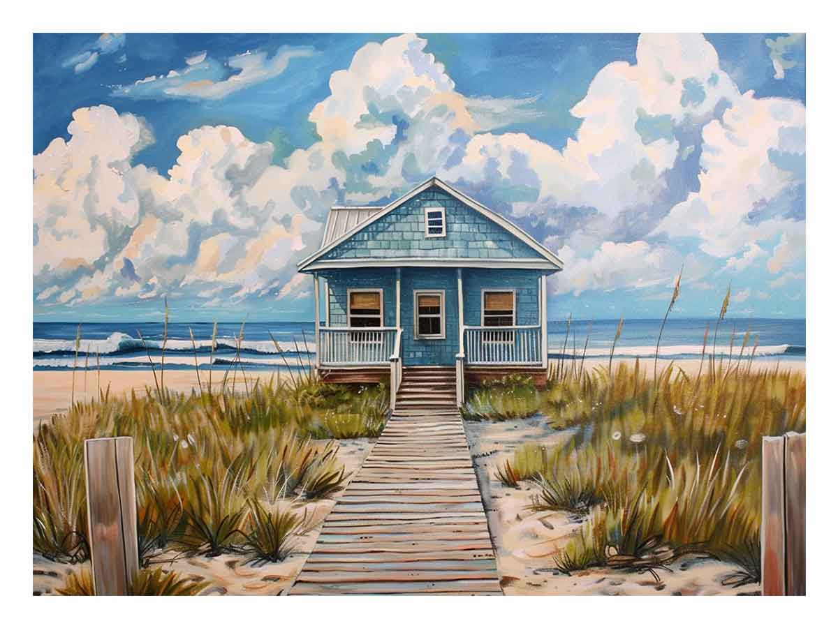 Blue coastal beach cottage canvas art with boardwalk for relaxed living room decor.