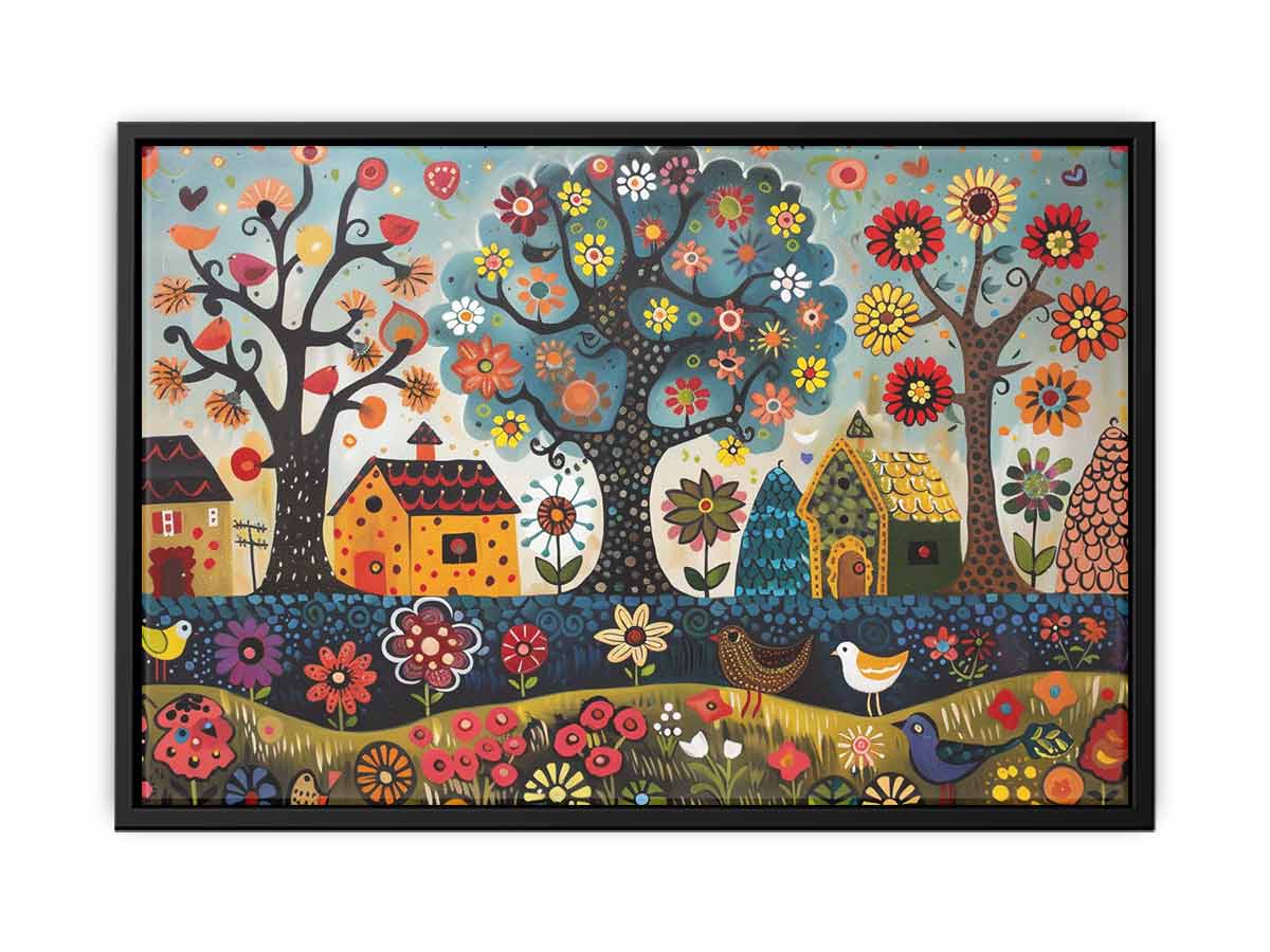 Whimsical folk garden canvas art with flowers, birds, and houses for kids room decor.