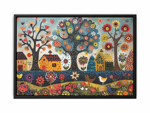 Whimsical folk garden canvas art with flowers, birds, and houses for kids room decor.