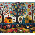 Whimsical folk garden canvas art with flowers, birds, and houses for kids room decor.