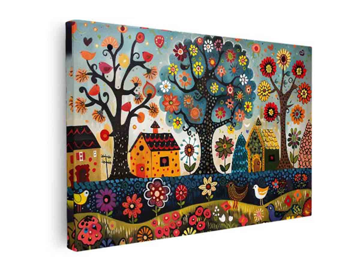 Whimsical folk garden canvas art with flowers, birds, and houses for kids room decor.