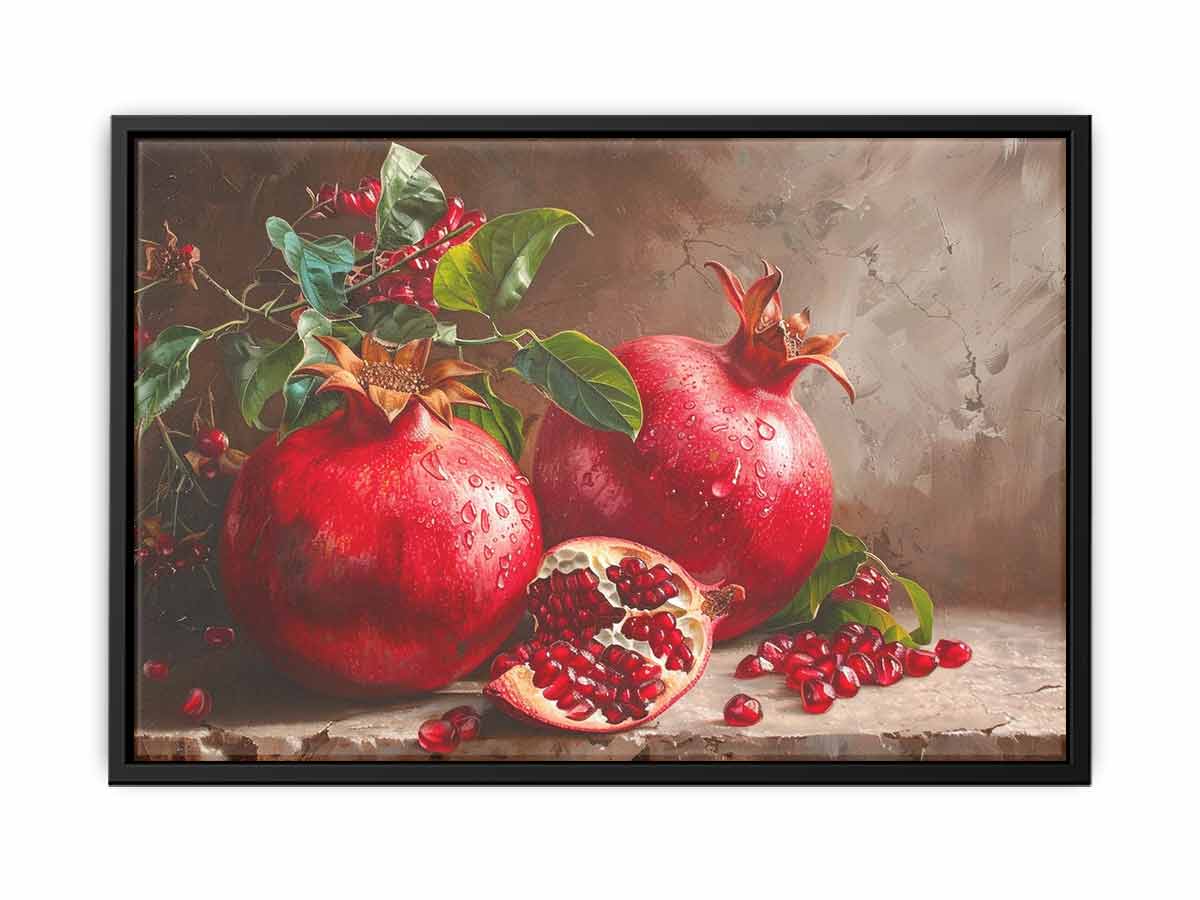 Red pomegranate still life canvas art with seeds and leaves for elegant kitchen decor.