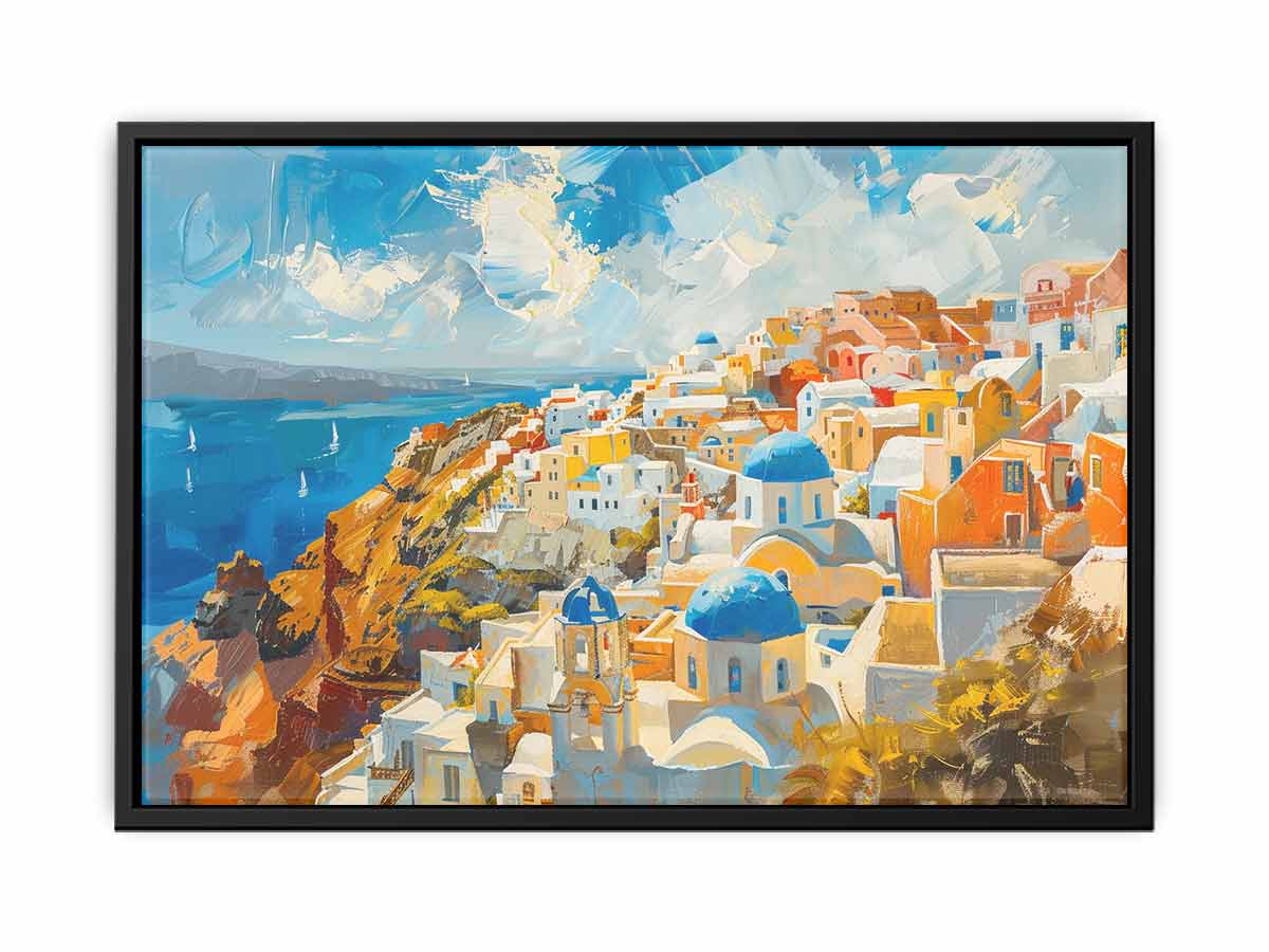 Bright Santorini coastal canvas art with blue domes and sea views for living room decor.