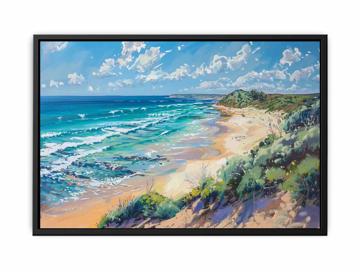Coastal beach canvas print with turquoise ocean waves for modern living room decor.