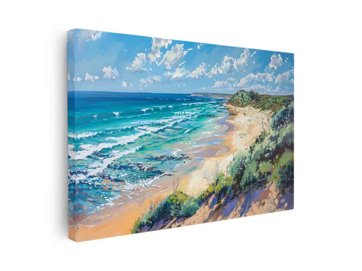 Coastal beach canvas print with turquoise ocean waves for modern living room decor.