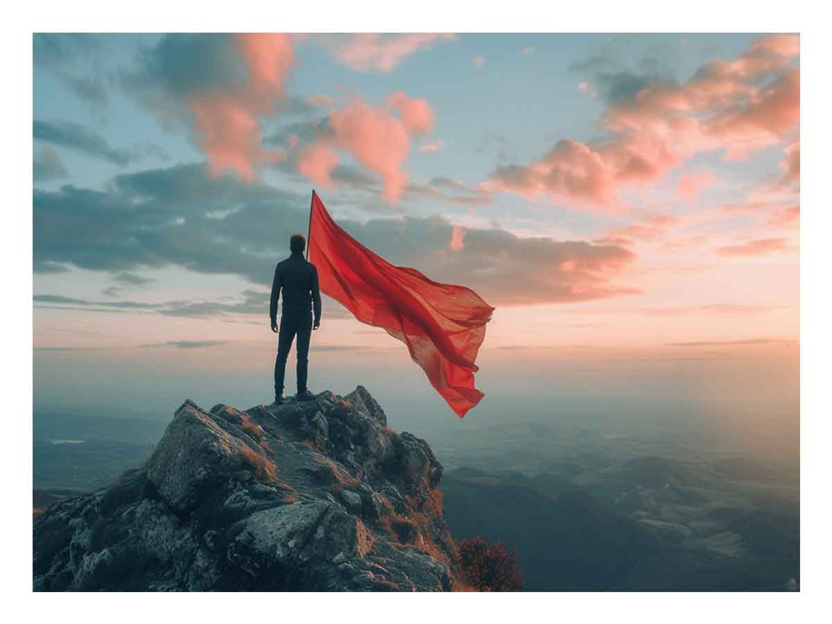 Man holding red flag on mountain canvas art for inspiring office decor.