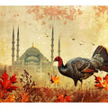 Vintage turkey artwork with mosque architecture and autumn leaves for elegant living room decor.