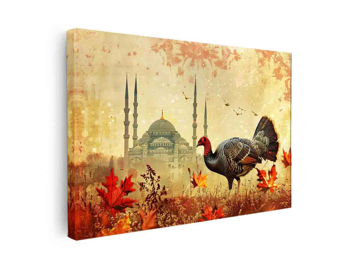 Vintage turkey artwork with mosque architecture and autumn leaves for elegant living room decor.