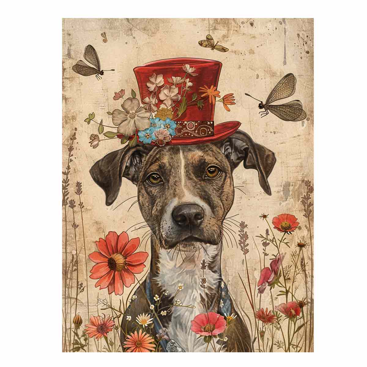 Whimsical dog portrait canvas art with red top hat, flowers and butterflies for nursery decor.