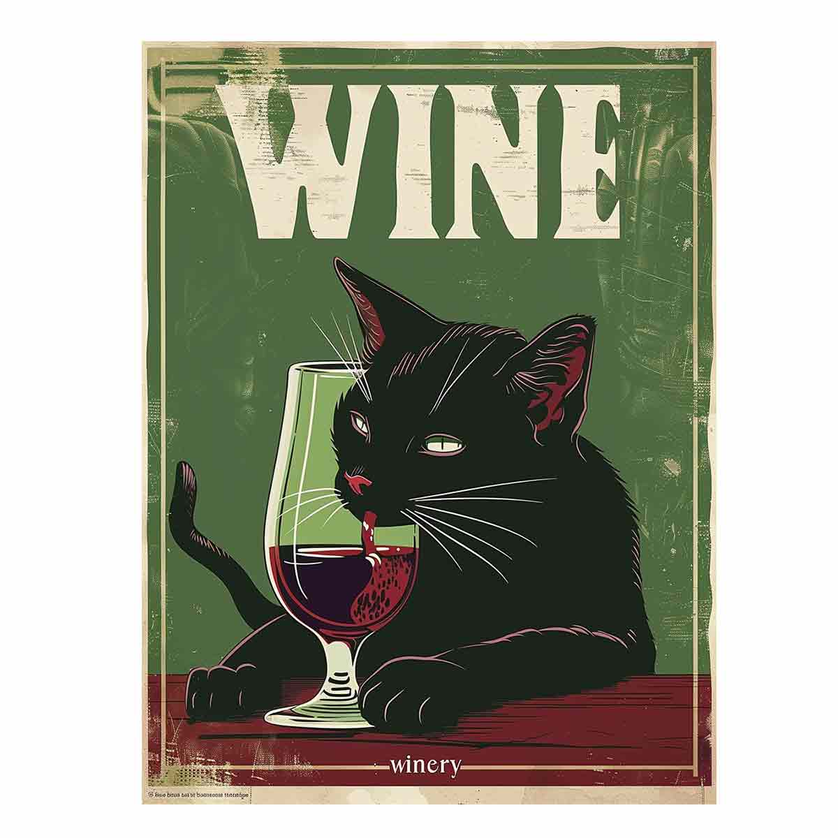 A black cat drinking red wine