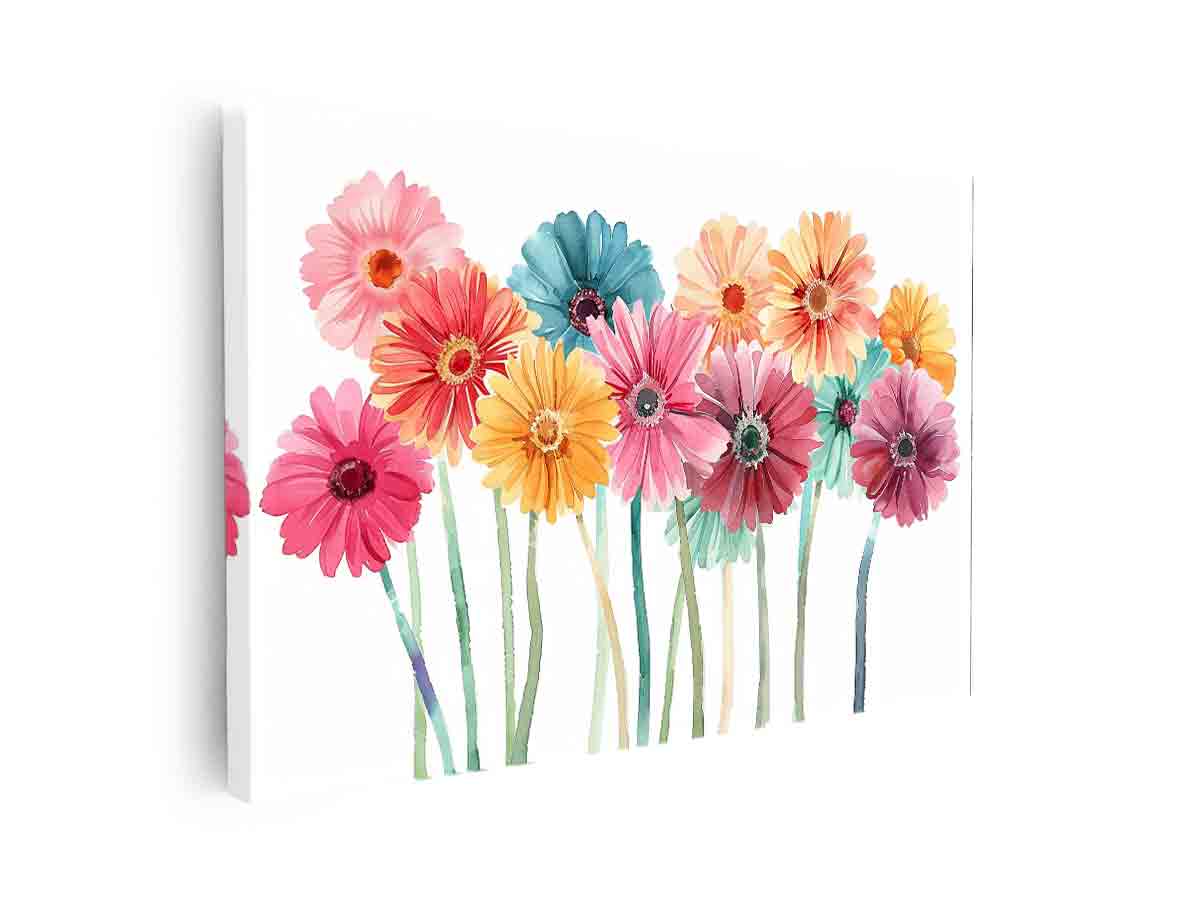Pastel watercolor daisy canvas print with colorful flowers for bright bedroom decor.