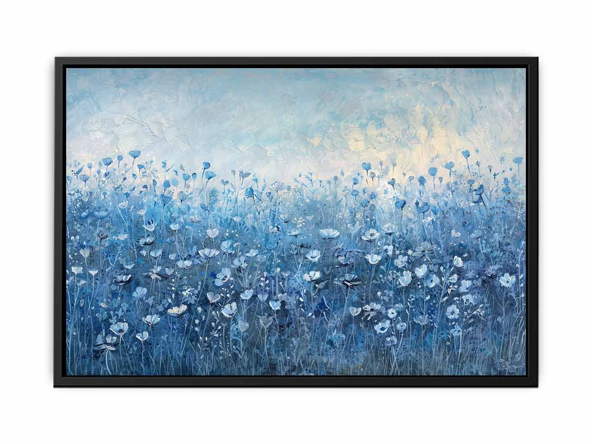 Blue wildflower meadow wall art with soft floral texture for calming bedroom decor.