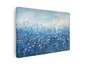Blue wildflower meadow wall art with soft floral texture for calming bedroom decor.