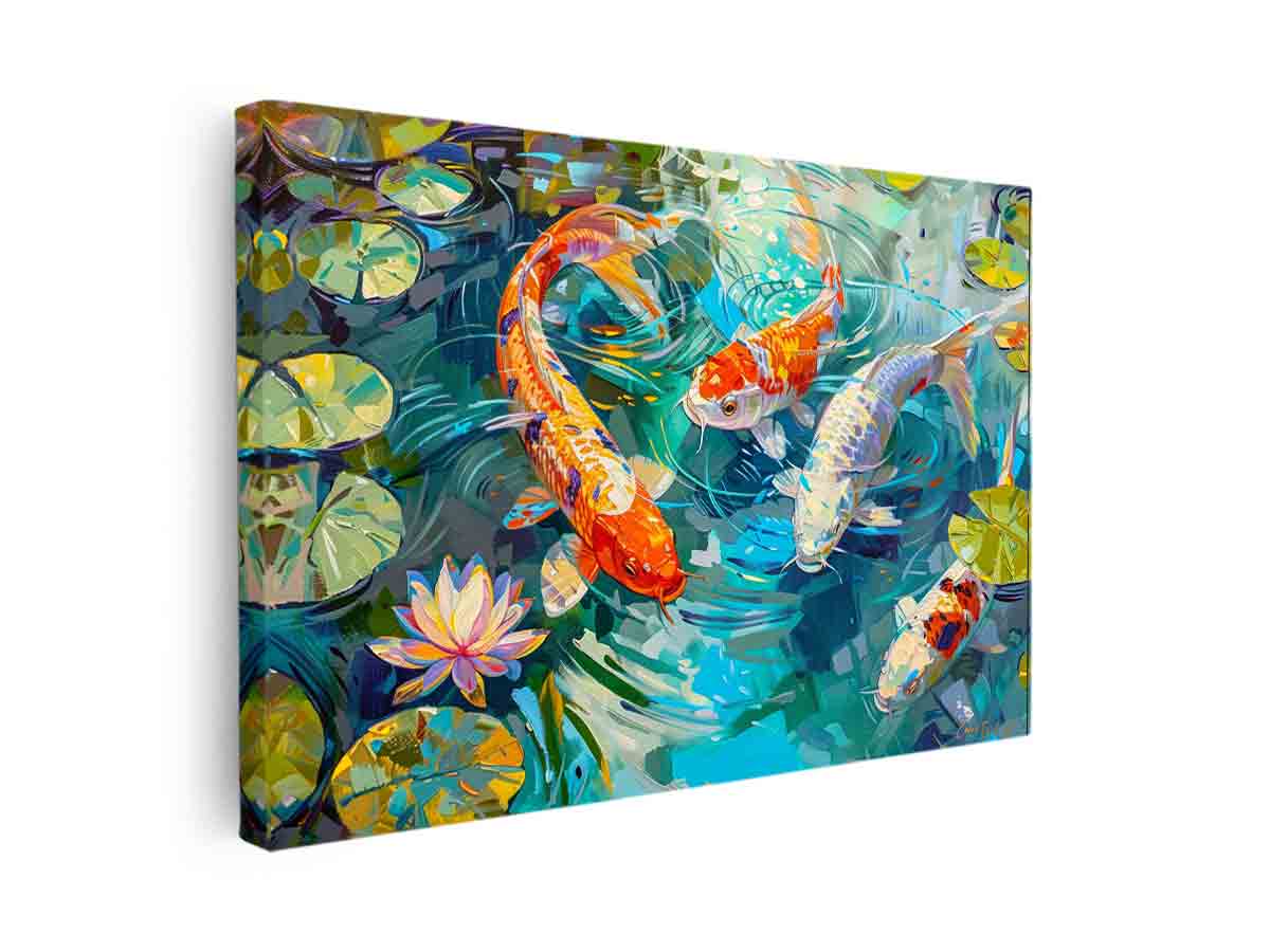 Colorful koi fish canvas print with lily pads and lotus flower for calming living room decor.