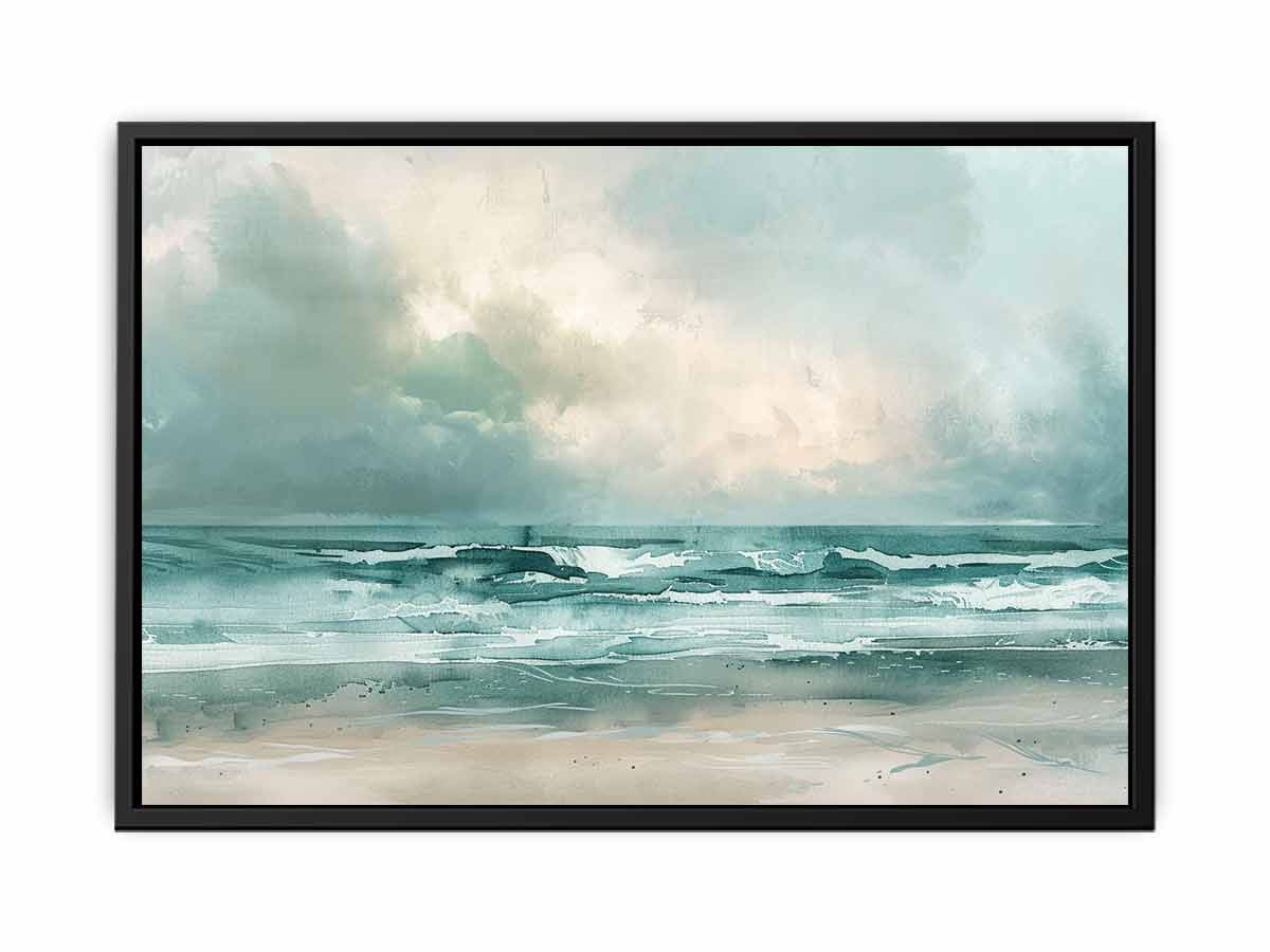 Soft teal abstract seascape canvas art with ocean waves for calming bedroom decor.
