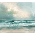 Soft teal abstract seascape canvas art with ocean waves for calming bedroom decor.